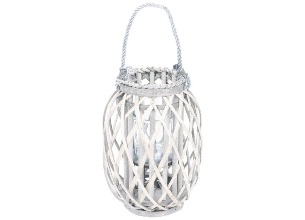 New Home Laternen Und Kerzenhalter^Bambuslaterne Mit Glaswindlicht 23X30Cm White-Washed