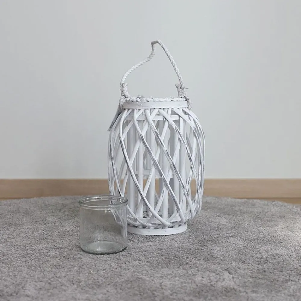 New Home Laternen Und Kerzenhalter^Bambuslaterne Mit Glaswindlicht 23X30Cm White-Washed