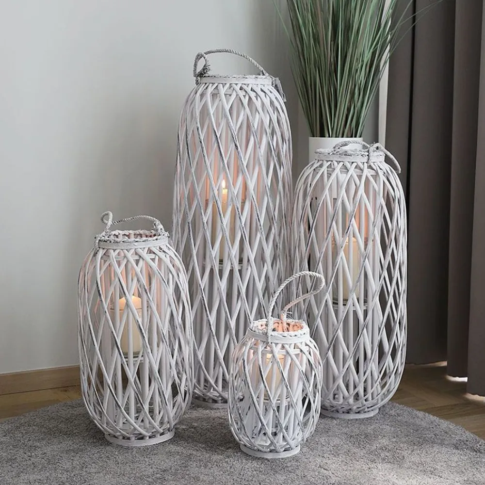 New Home Laternen Und Kerzenhalter^Bambuslaterne Mit Glaswindlicht 23X30Cm White-Washed
