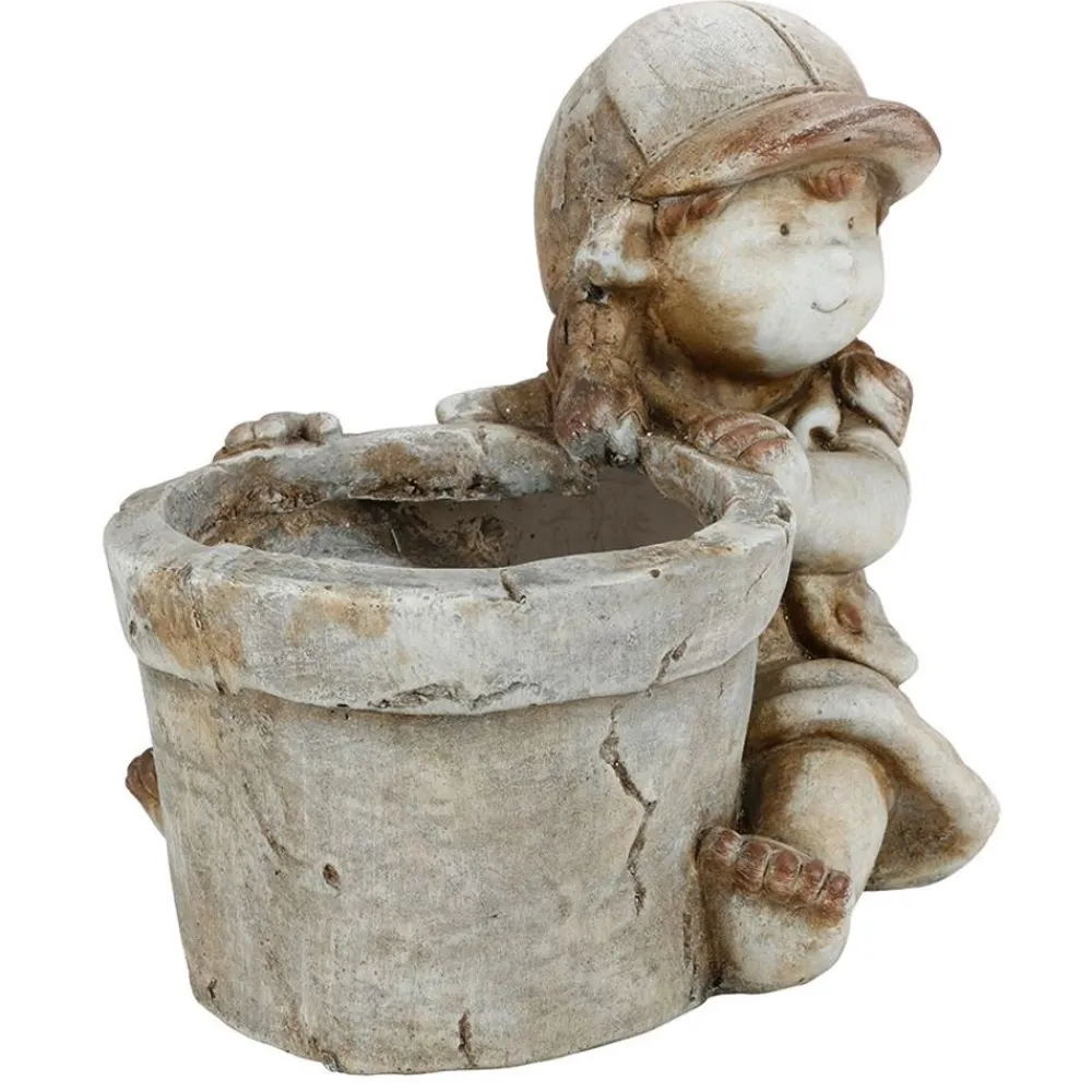 TP Gartenfiguren^Dekofigur Kind Mit Blumentopf 30X26Cm Grau