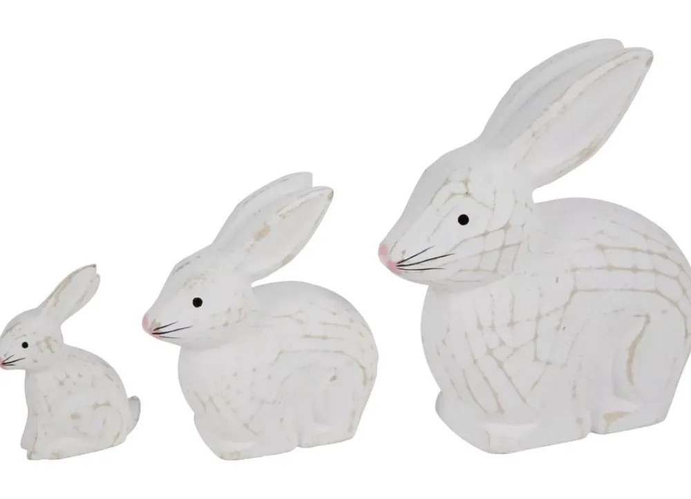 New Home Gartenfiguren^Deko-Hasen White Washed Aus Holz 3-Teilig