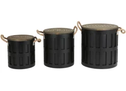 New Home Sitzmöbel^3Er-Set Sitztonnen Aus Metall Mit Holzdeckel Schwarz