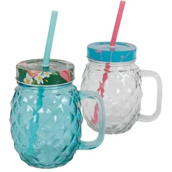 TP Geschirr Und Getränkebehälter^Henkelglas Ananas Mit Schraubdeckel Und Trinkhalm