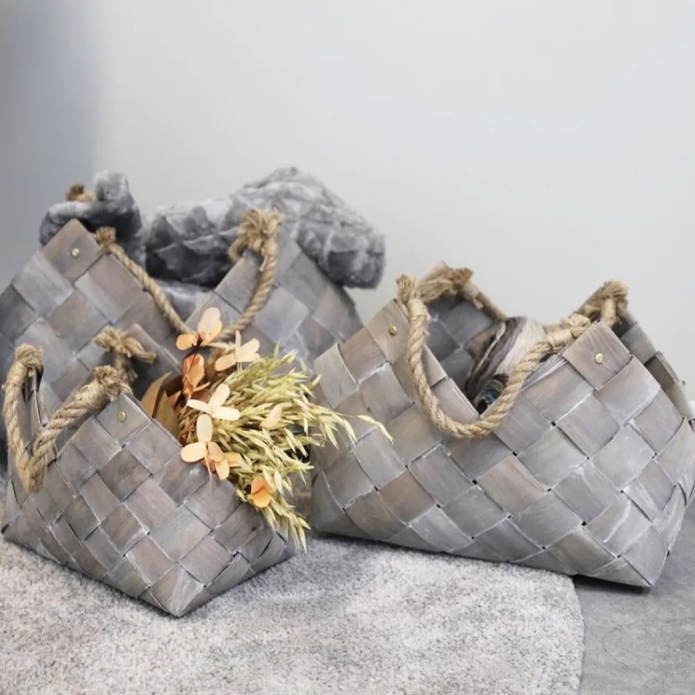 TP Körbe Und Taschen^HolzKörbe Eckig Mit Webmuster Und Jute-Kordeln 3Er-Set